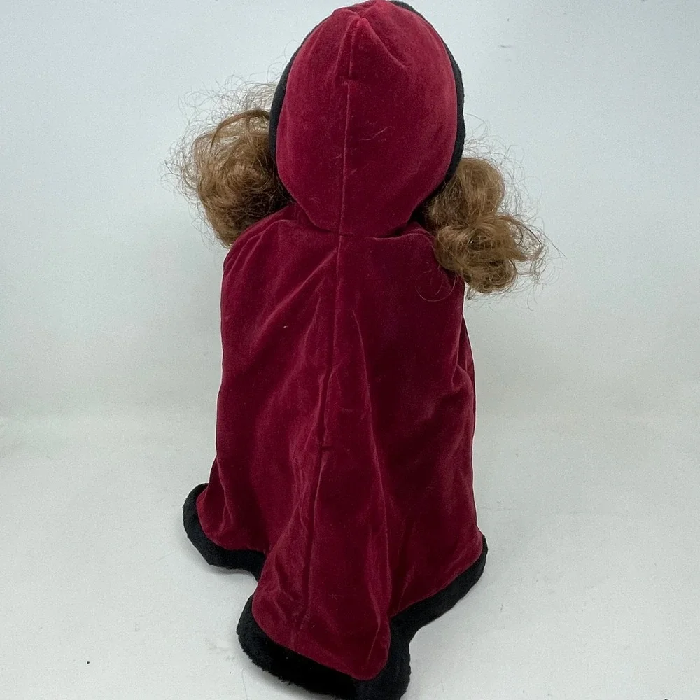 Vintage Porcelain Collector Doll 16 in Burgundy Velvet Hooded Cloak Winter Muff